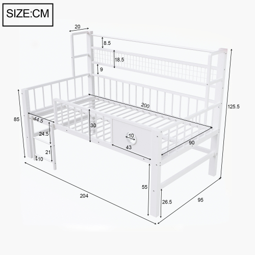 Lastensänky 90x200, matala kerrossänky metallirungolla ja hyllyillä, musta