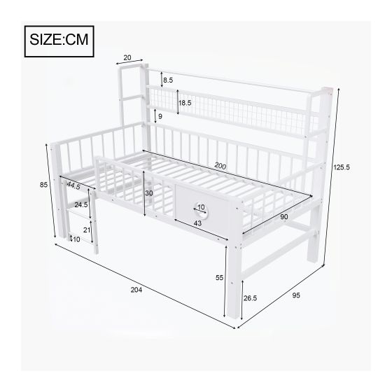 Lastensänky 90x200, matala kerrossänky metallirungolla ja hyllyillä, musta
