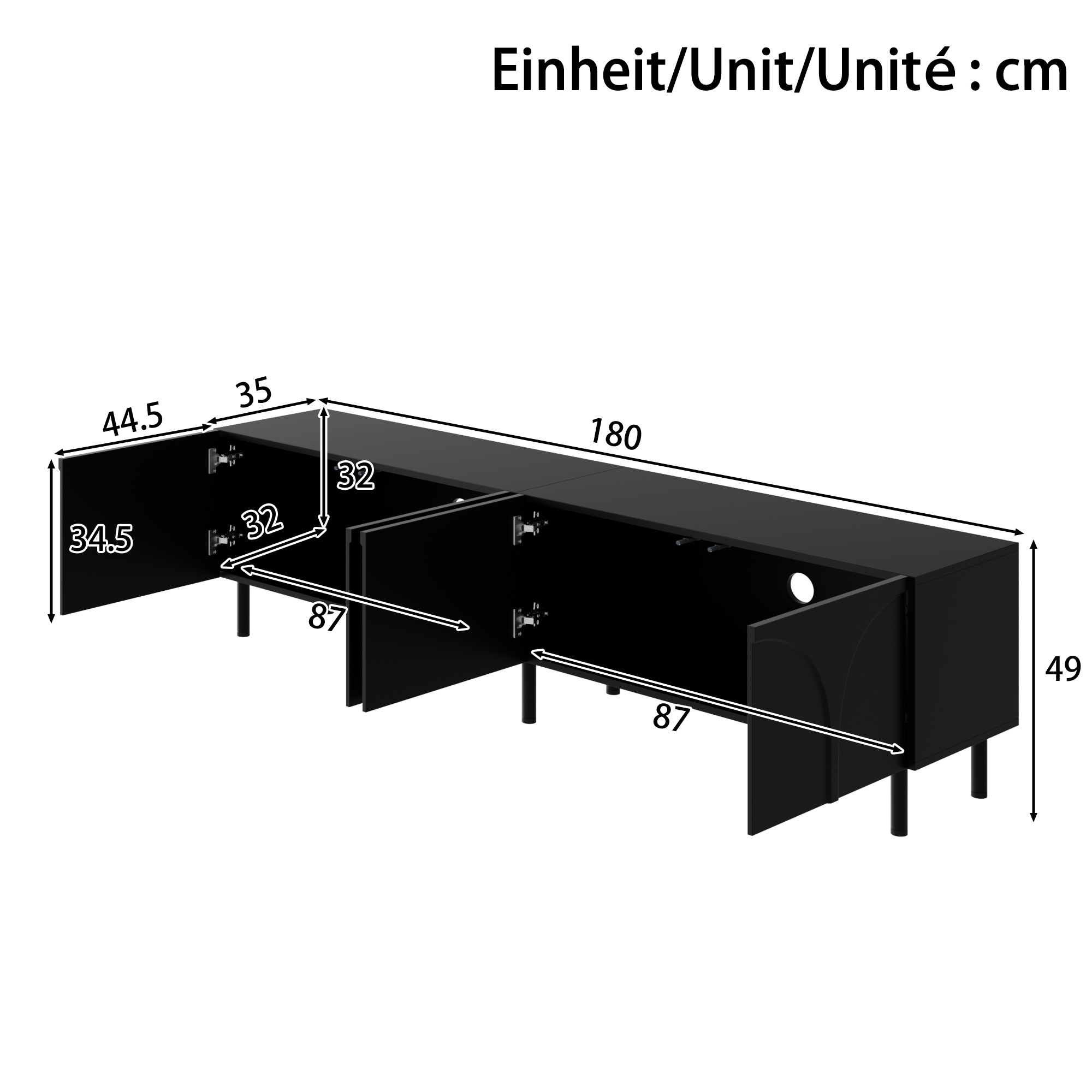 TV-taso 180x35x49 cm musta lastulevy säilytyksellä ja metallijalat