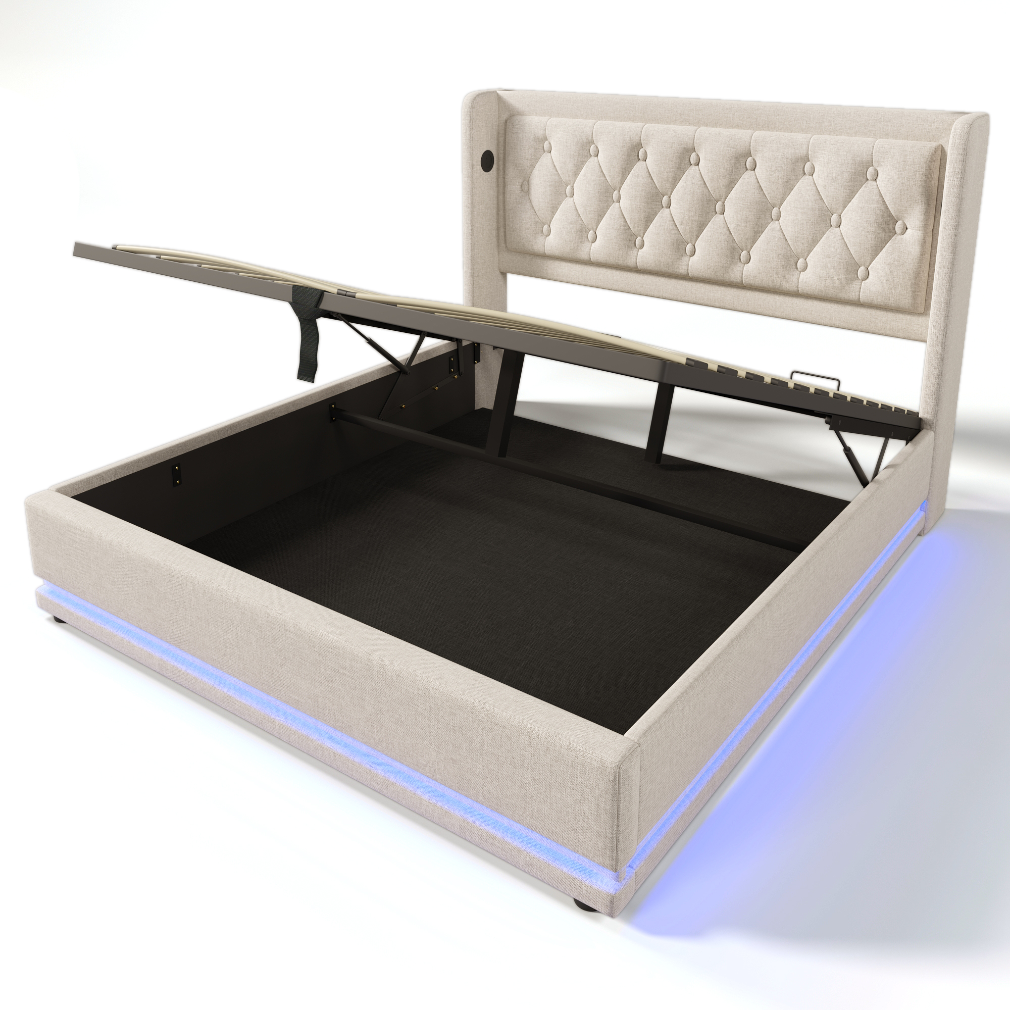 Hydraulinen Sänky 140 x 200 cm, Beige Puuvilla, LED + USB-C