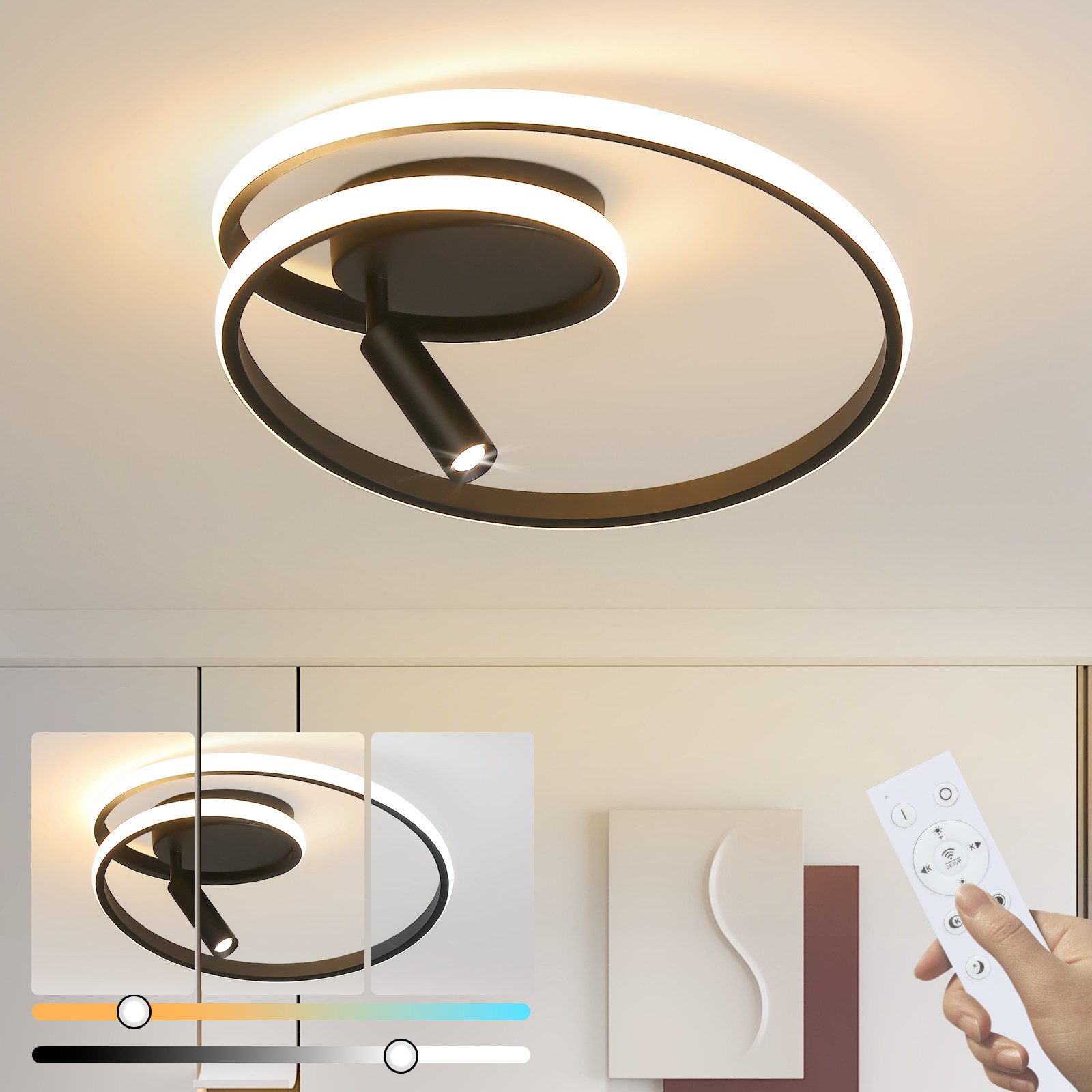 NETTLIFE himmennettävä, LED - kattovalaisin, 40cm, moderni, muotoilu, 37W Kohdevalolla, makuuhuoneeseen, olohuoneeseen, musta