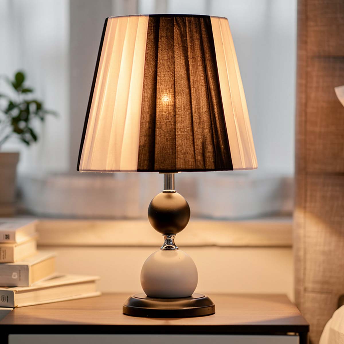 LED-pöytälamppu E27-kannalla, himmentimellä ja kangasvarjostimella