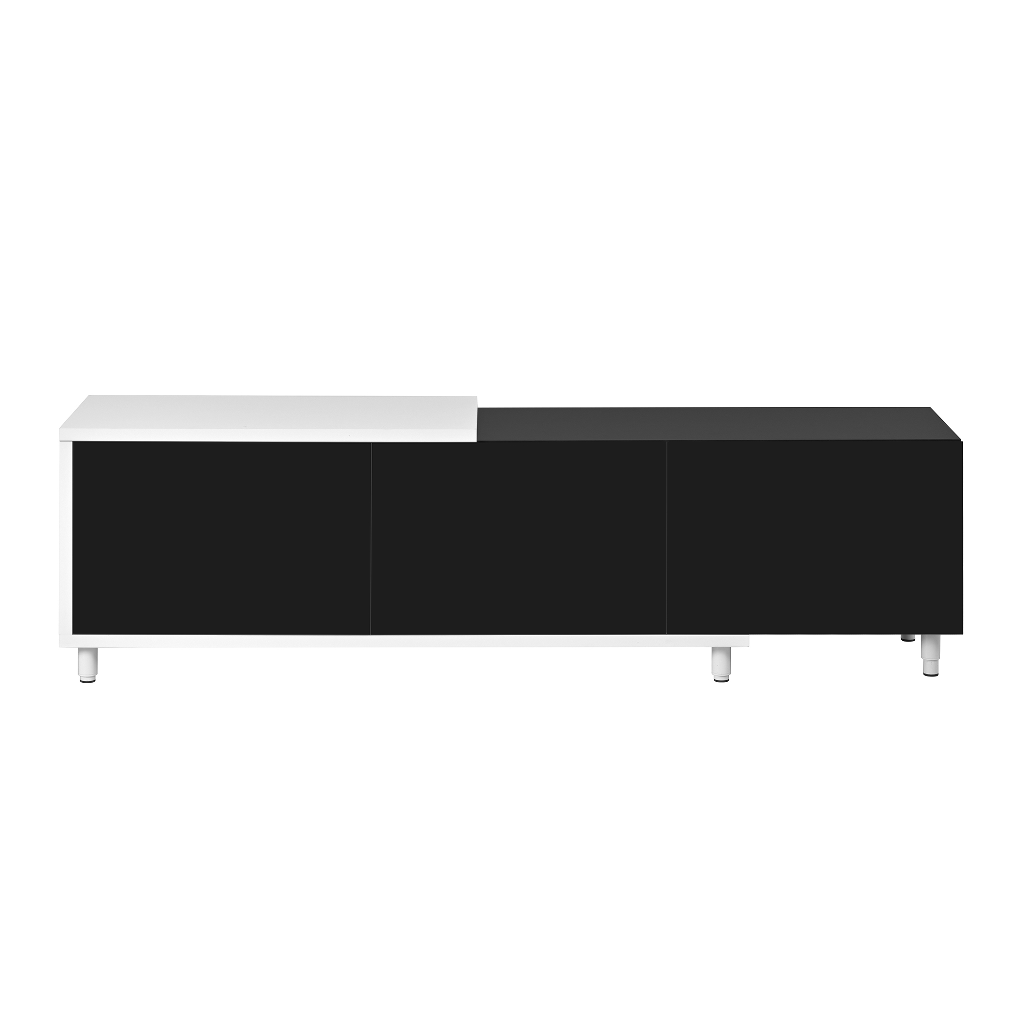 TV-taso 258x38x48,5 cm musta ja valkoinen lastulevy metallijaloilla säilytyksellä ja liukuovilla