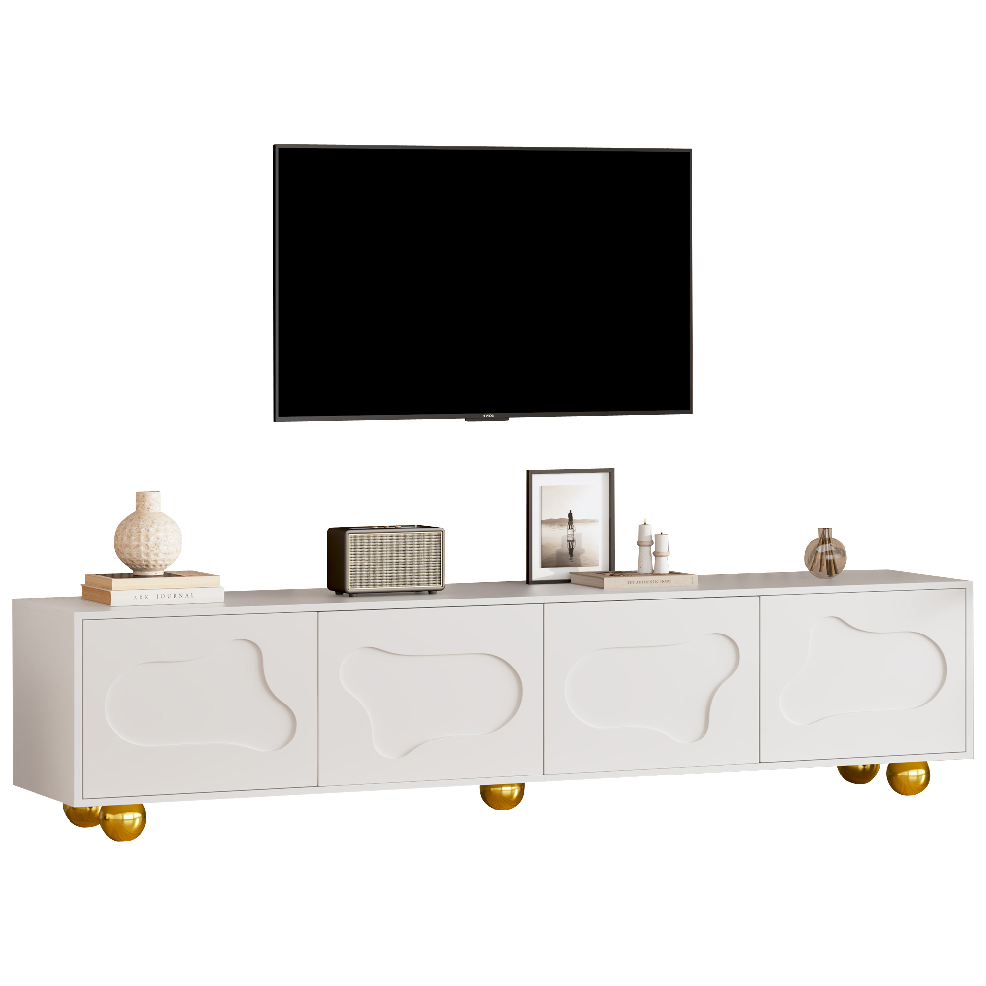 TV-taso 180x40x45 cm valkoinen lastulevy säilytyksellä ja pilvimuotoisilla ovilla