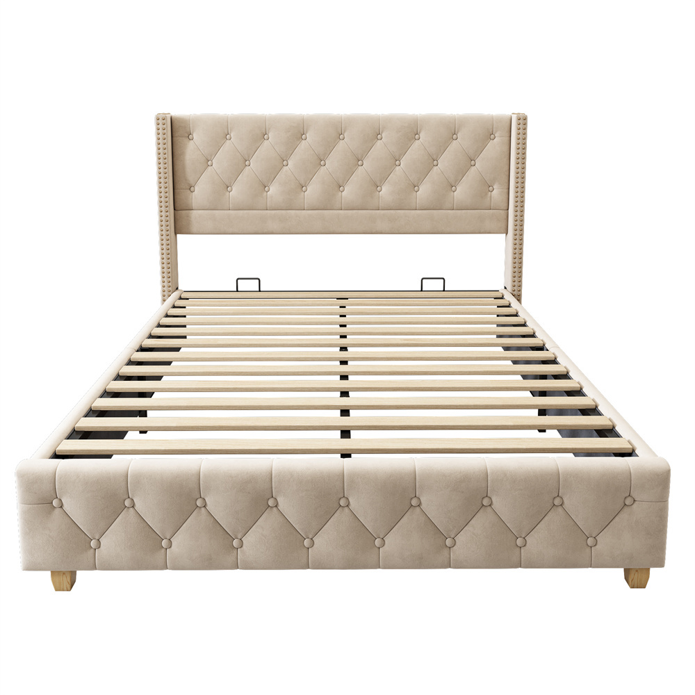 Verhoiltu Sänky 160 x 200 cm, Vaaleanbeige Sametti, Tikattu Verhoilu + Koristenaulat + Puiset Jalat