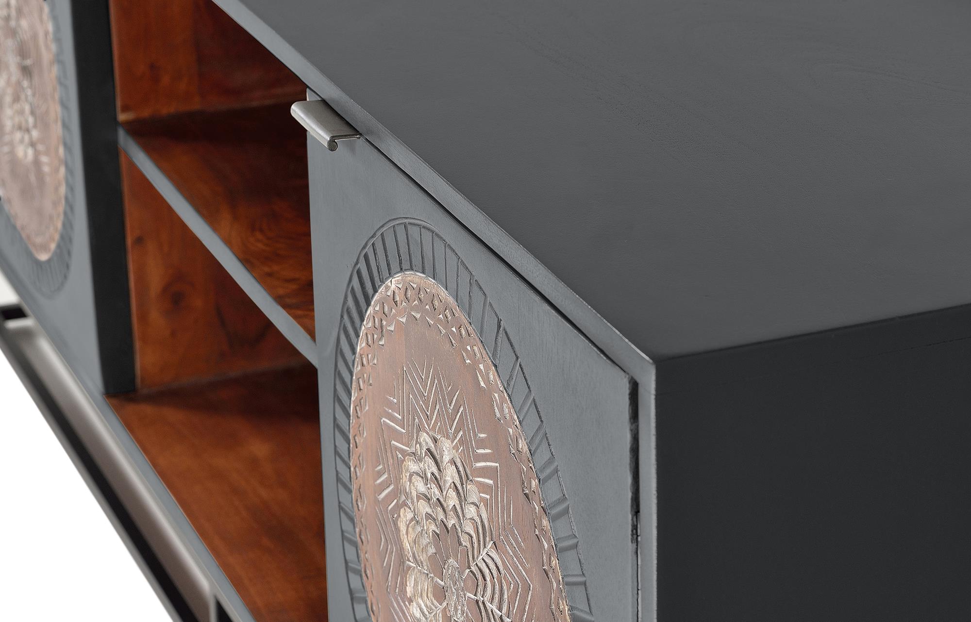 TV-taso mangopuusta, harmaat/ruskeat metallijalat