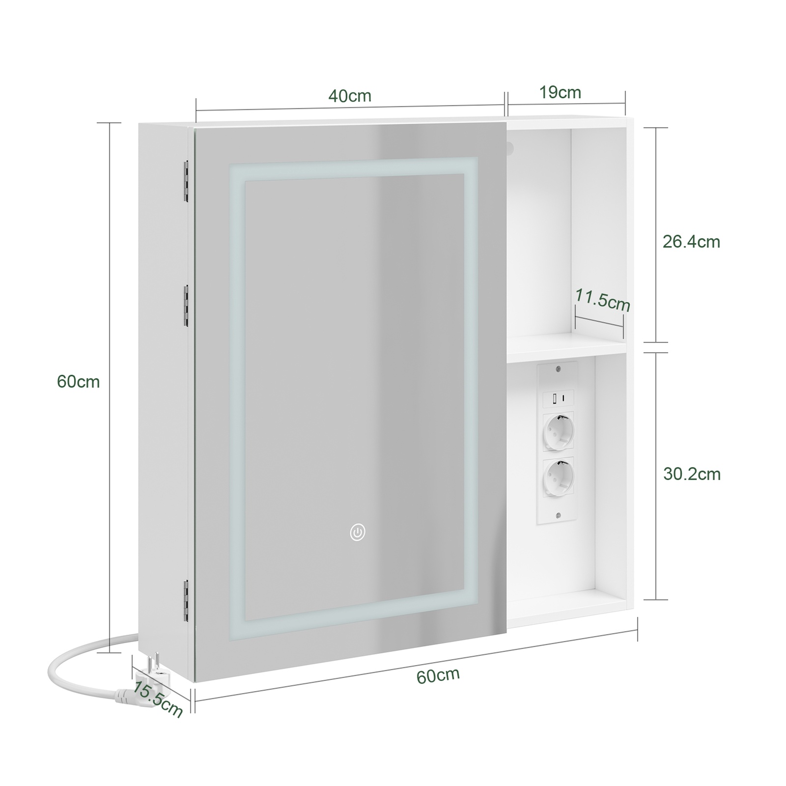 Seinäkaappi peilillä ja LED-valaistuksella valkoinen 60.0x15.5x60.0 cm BZR239-E-W