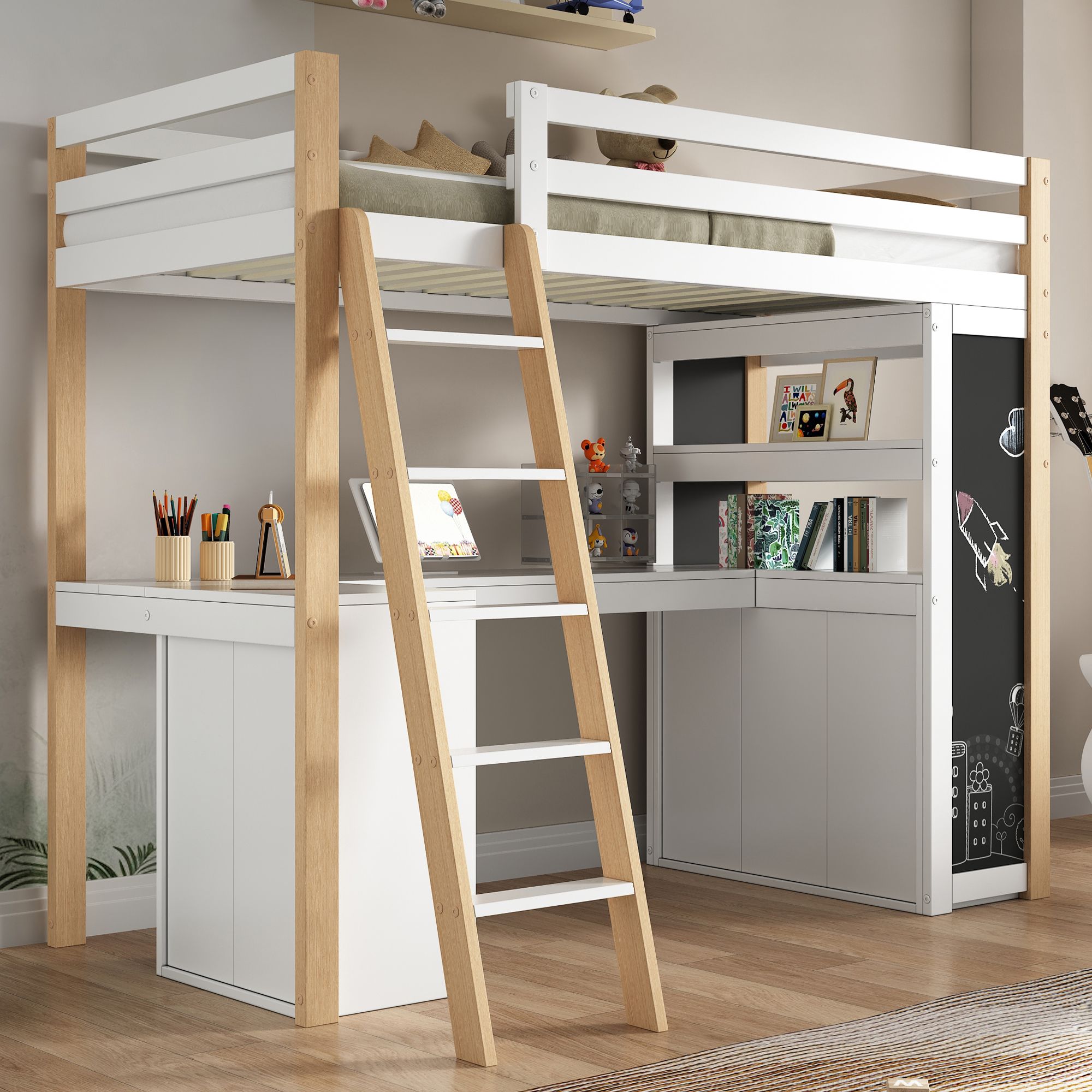 Kerrossänky 90x200cm työpöydällä, valkoinen ja luonnonväri