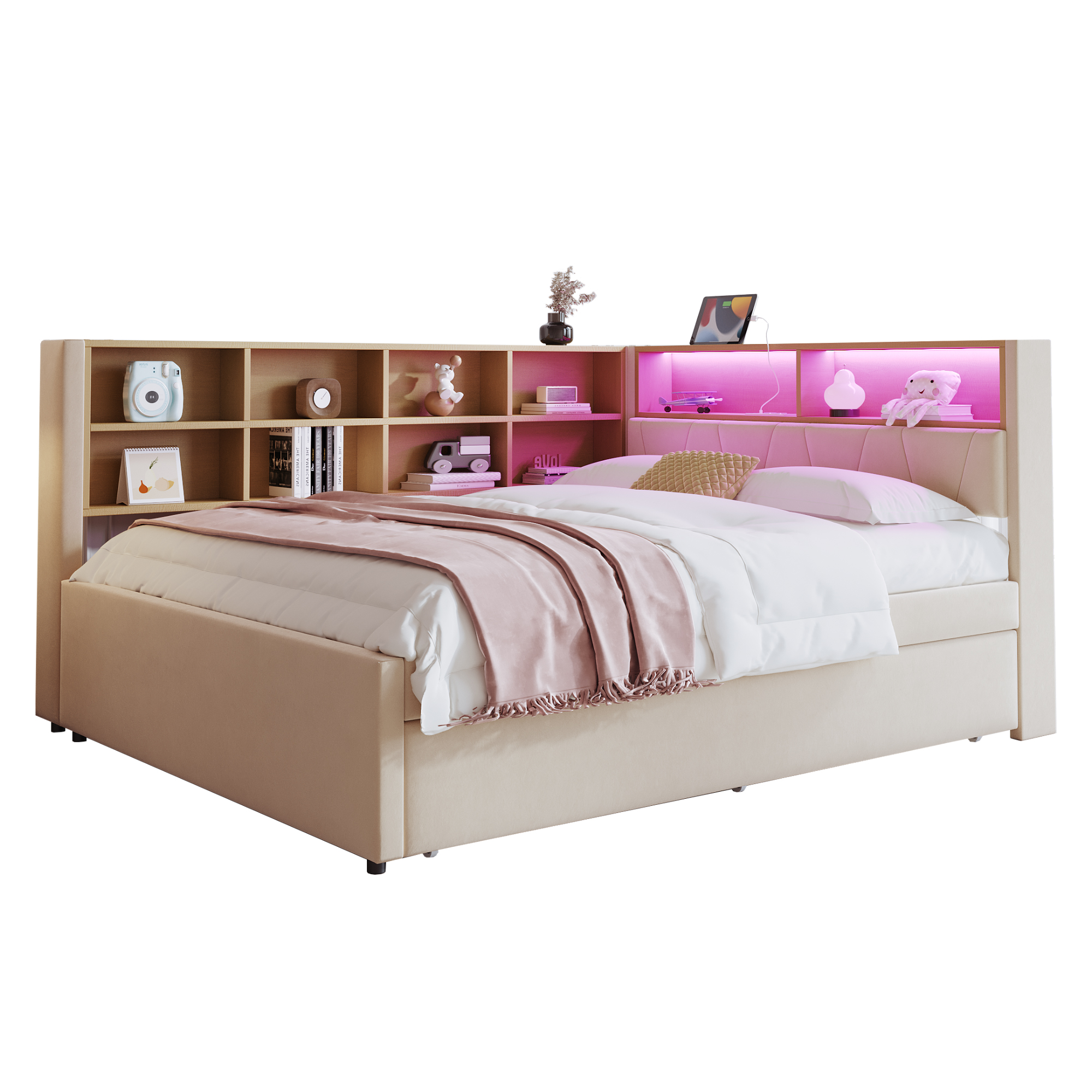 sänky 140x200 cm ja 90x190 cm pidennettävä LED-valaistu säilytystila beige flanelli