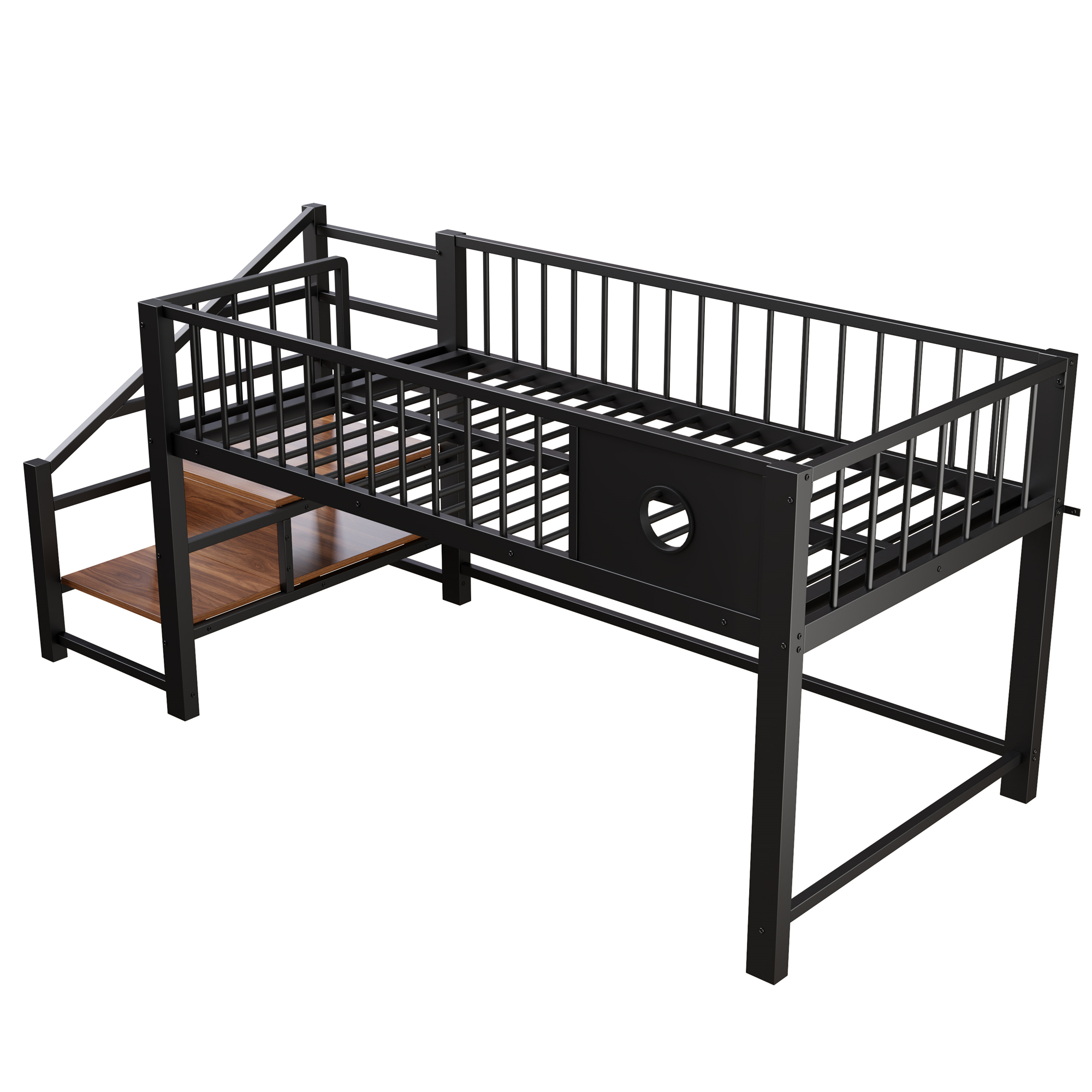 Matala kerrossänky 90x200, lasten, tikkailla ja säilytystilalla, metalli, musta