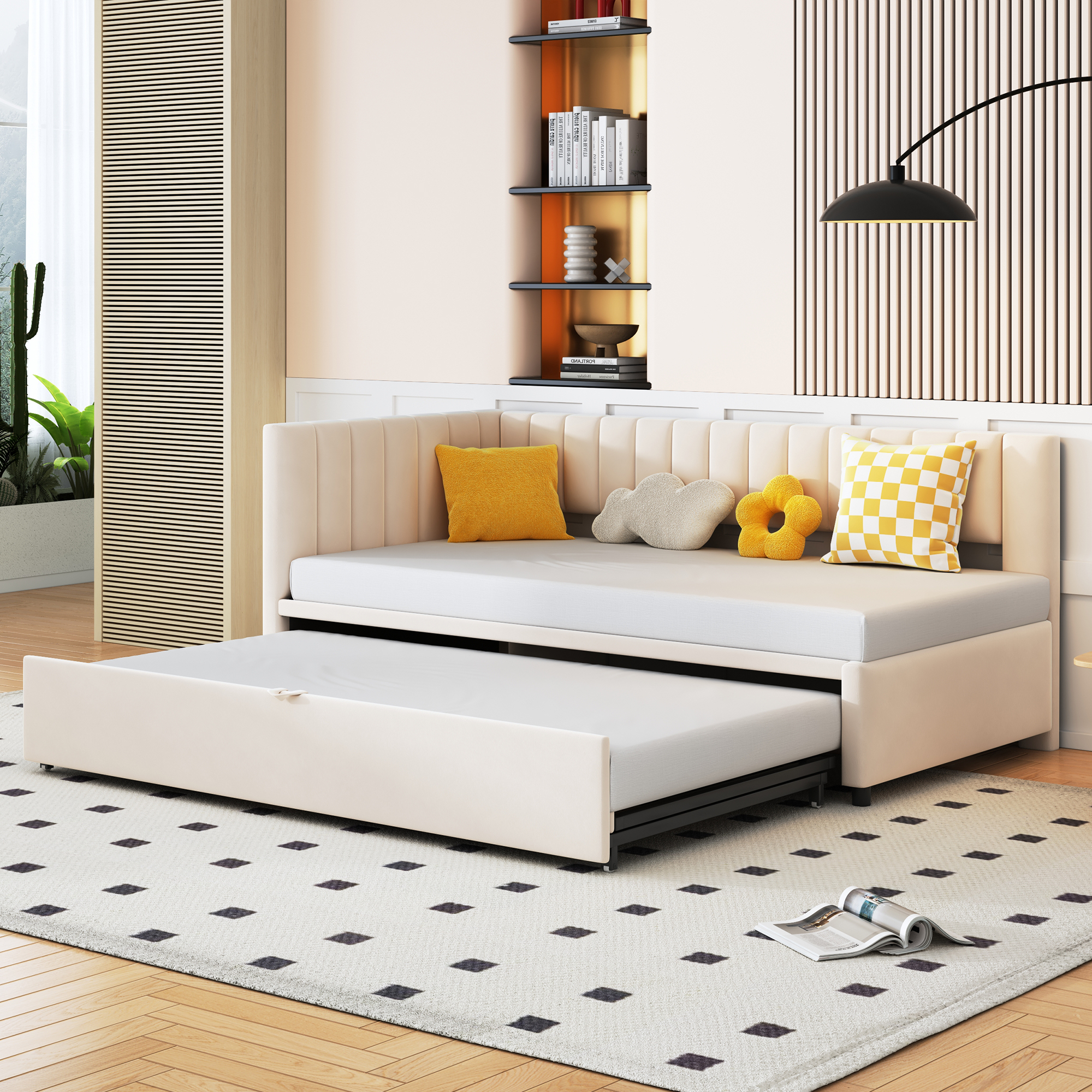 L-Vuodesohva 90/180 x 200 cm, Beige Sametti, Ulosvedettävä