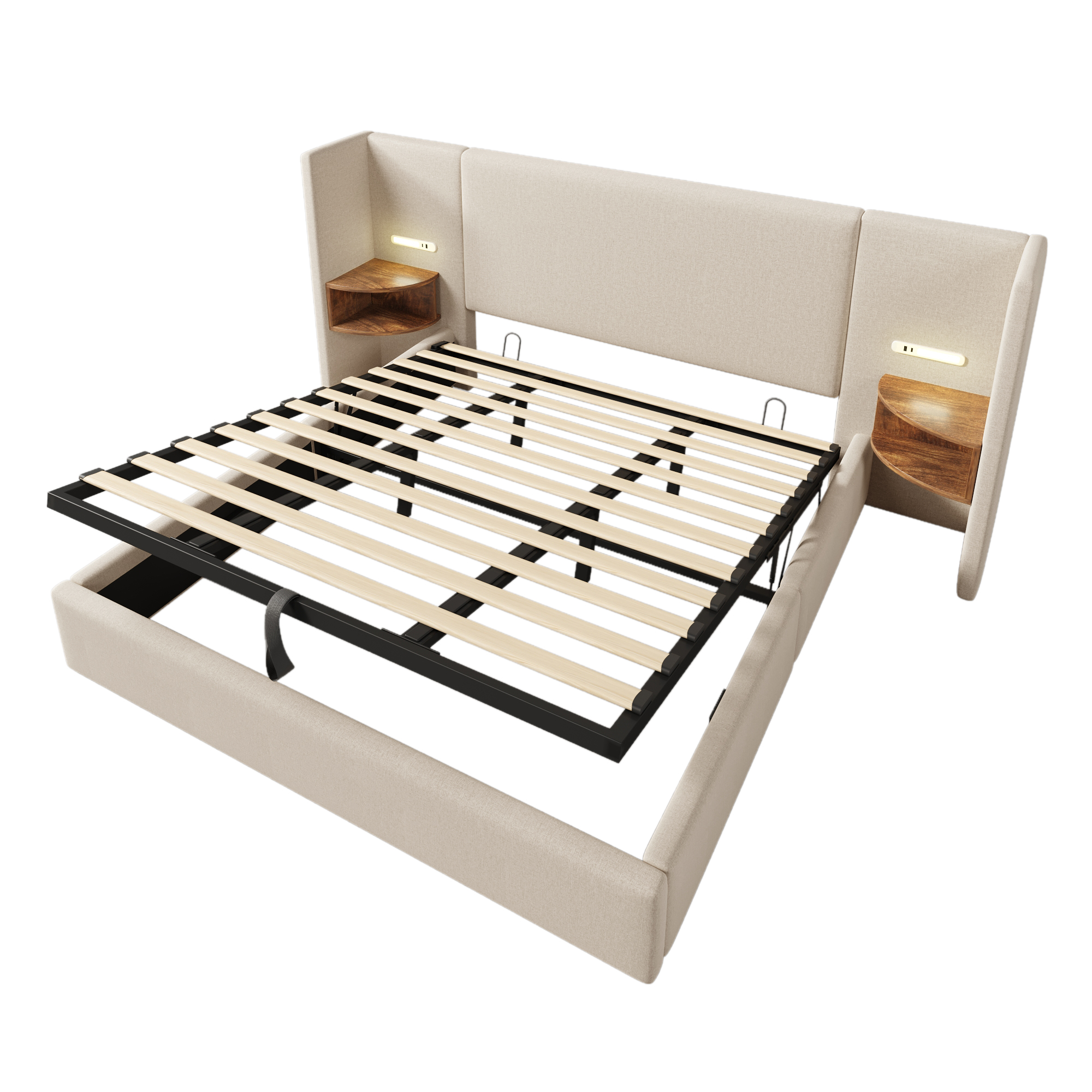 Verhoiltu vuodesänky, 180x200cm, yöpöydän lukulamppu USB C, beige