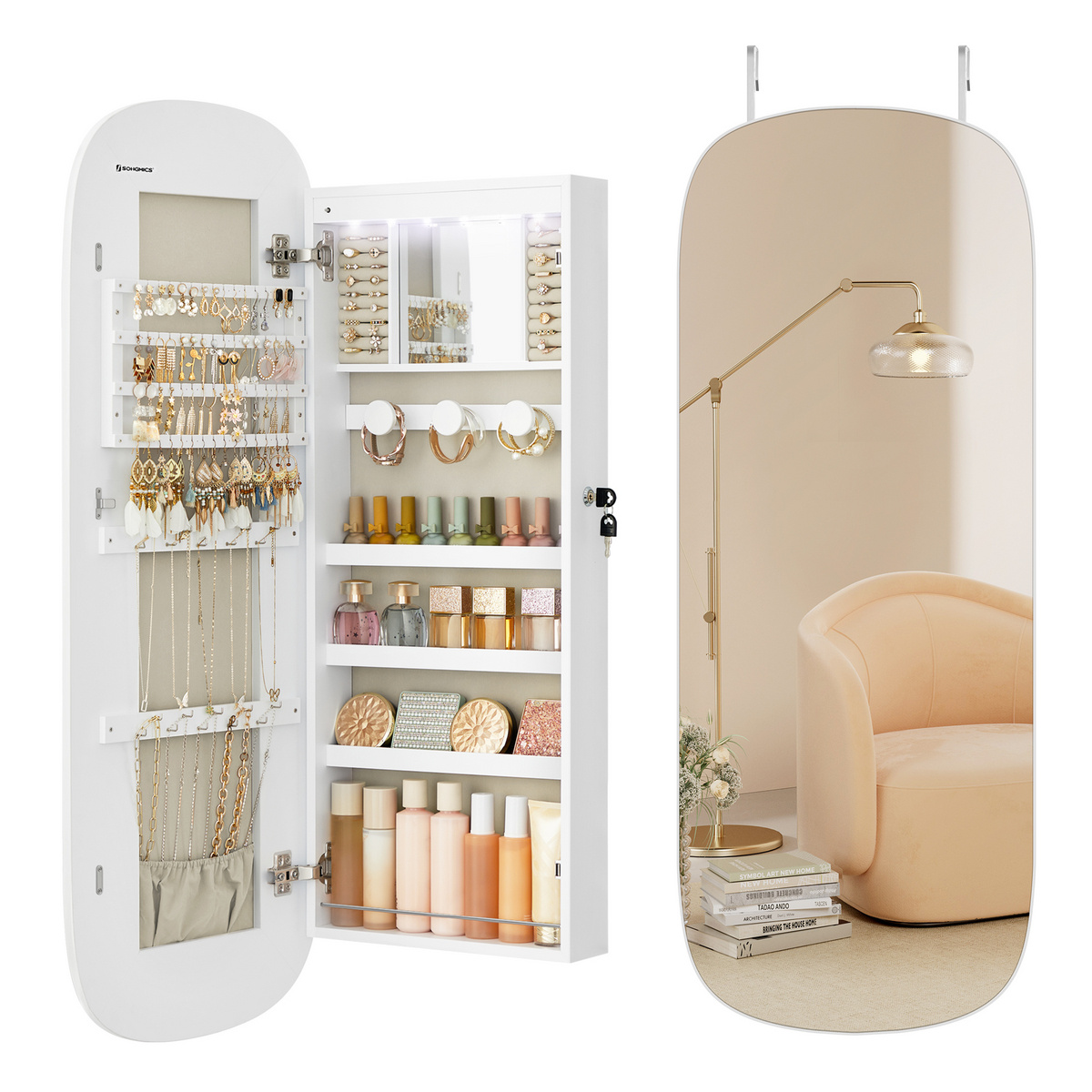 Songmics peili, 10 × 42 × 108 cm, lukittava, LED-valaistuksella, greige, JJC026W01