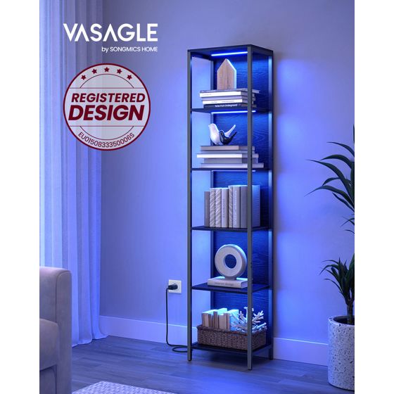 Vasagle kirjahylly, 6 tasoa, 30.3 × 40 × 178.6 cm, säädettävä, LED-valaistuksella, musta, LLS121B57