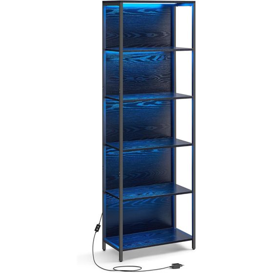 Vasagle kirjahylly, 6 tasoa, 30.3 × 60 × 178.6 cm, säädettävä, LED-valaistuksella, musta, LLS120B57