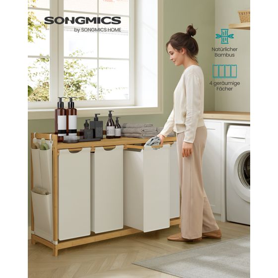 Songmics pyykinlajittelukori, 4 lokeroa, 4 × 50 L, 124.6 × 33 × 78 cm, kermanvalkoinen, RLH120W01