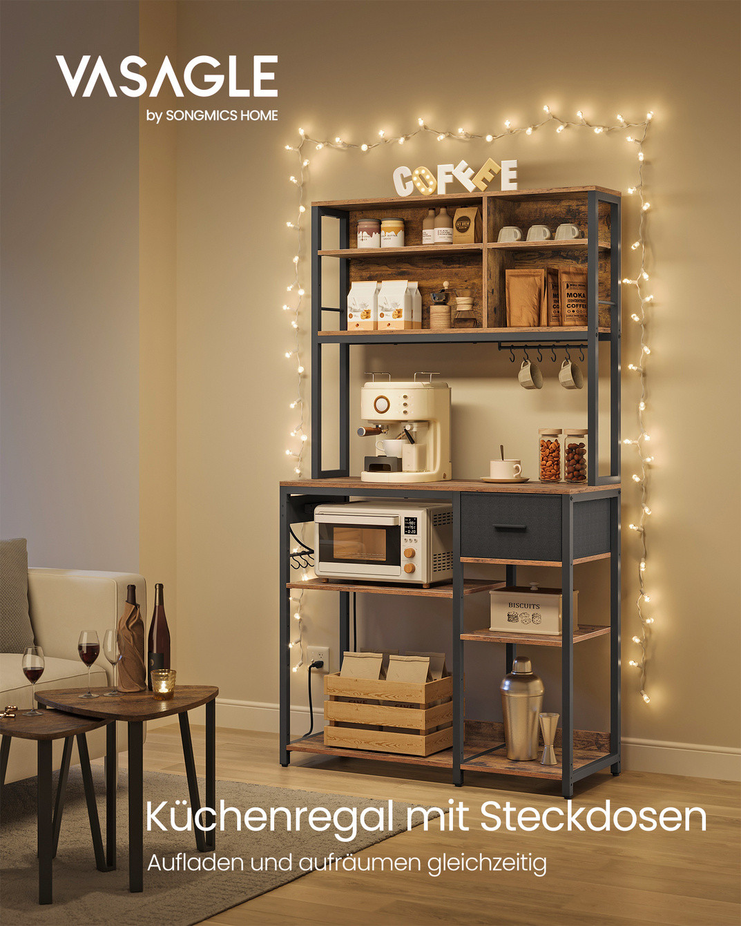 Vasagle keittiöhylly, 12 koukkua, 40 × 100 × 180.2 cm, säädettävä hylly, latausasemalla, rustiikinruskea/musta, KKS027K02