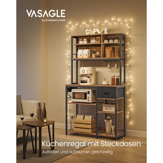 Vasagle keittiöhylly, 12 koukkua, 40 × 100 × 180.2 cm, säädettävä hylly, latausasemalla, rustiikinruskea/musta, KKS027K02