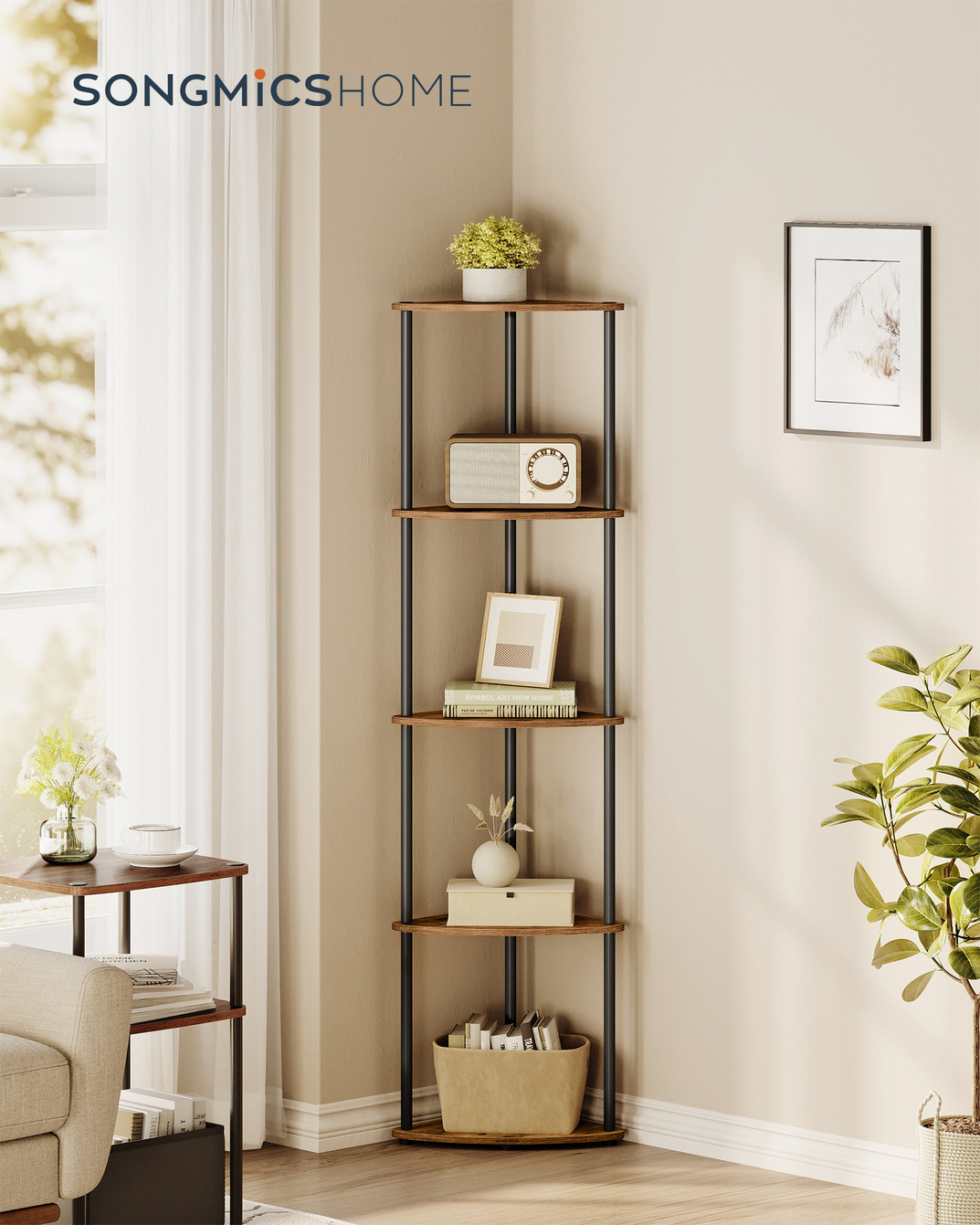 Songmics kulmahylly, 5 tasoa, 38.3 × 27 × 139 cm, rustiikinruskea, LBC610K01