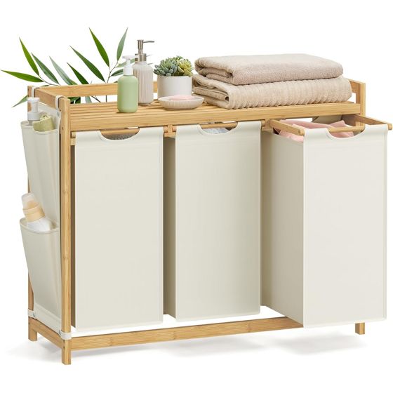Songmics pyykkikori, 3 lokeroa, 3 × 50 L, 94 × 33 × 78 cm, kermanvalkoinen, RLH115W01