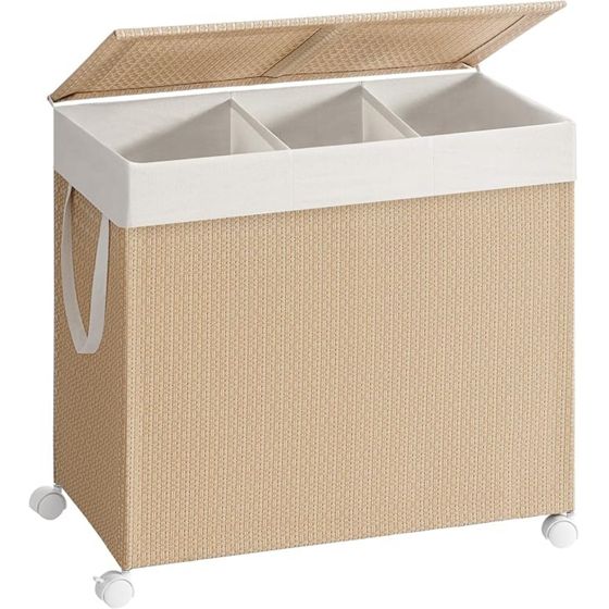 Songmics pyykkikori, 140 L, pyörillä, kannellinen, luonnonbeige, LCB602N01