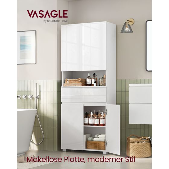 Vasagle kylpyhuonekaappi, 2 laatikkoa, 30 × 60 × 170 cm, säädettävä hylly, pilvenvalkoinen, BBC563W01