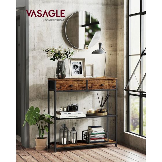 Vasagle konsolipöytä, 2 laatikkoa, 3 tasoa, 24 × 76 × 80 cm, rustiikinruskea/musta, LNT092K01