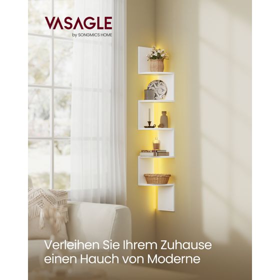 Vasagle kulmahylly, 5 tasoa, seinäkiinnitteinen, LED-valaistuksella, mattavalkoinen, LBC630W01