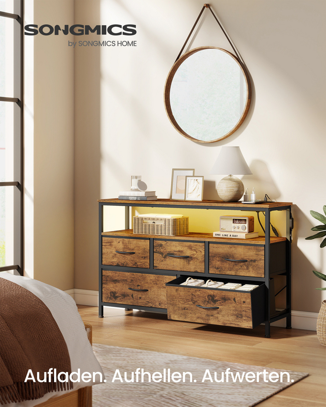 SONGMICS lipasto, 5 laatikkoa, säädettävä, LED-valaistuksella, rustiikinruskea/musta, LGS723KD01
