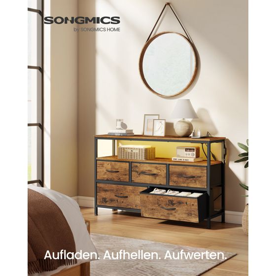 Songmics lipasto, 5 laatikkoa, säädettävä, LED-valaistuksella, rustiikinruskea/musta, LGS723KD01
