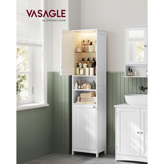 Vasagle kylpyhuonekaappi, 40cm, säädettävä hylly, LED-valaistuksella, pilvenvalkoinen, BBC766WH03
