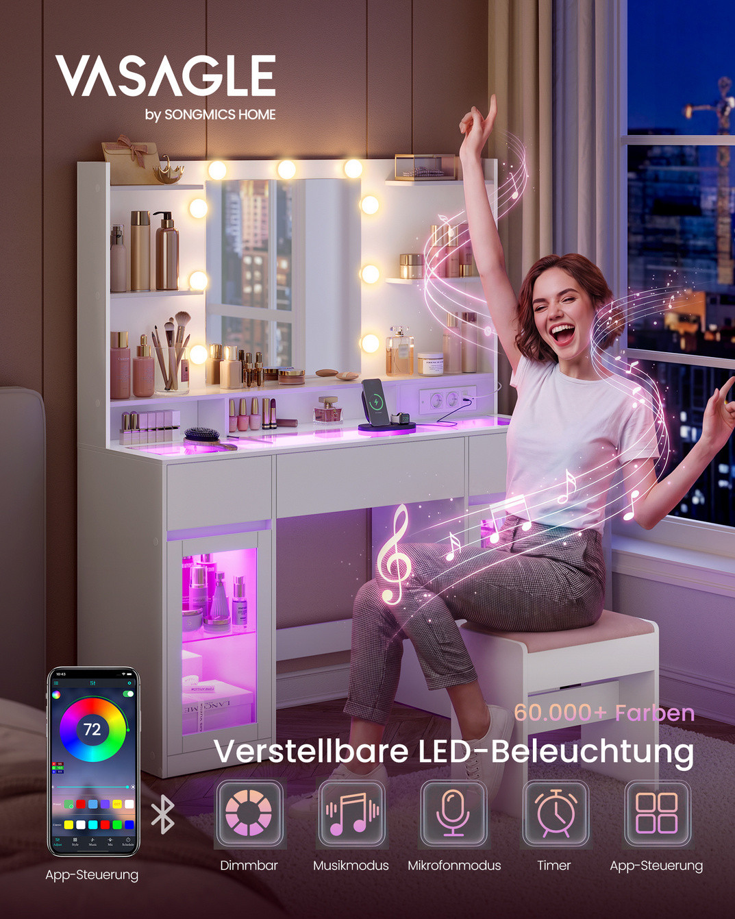 VASAGLE meikkipöytä, 107 × 40 × 144.5 cm, LED-valaistuksella, valkoinen, RDT145WB01