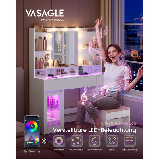 Vasagle meikkipöytä, 107 × 40 × 144.5 cm, LED-valaistuksella, valkoinen, RDT145WB01