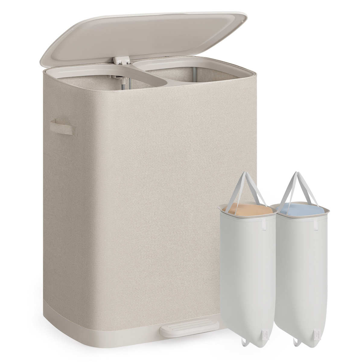 SONGMICS pyykkikori, 2 lokeroa, 160 L, 56 × 40.5 × 75 cm, kokoontaitettava, kannellinen, beige, LCB832L101