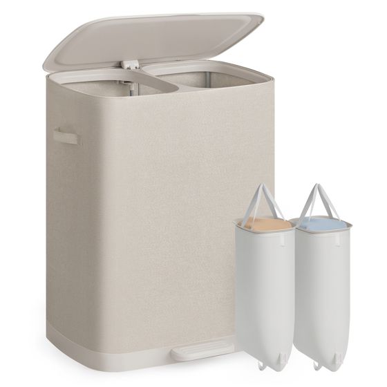 Songmics pyykkikori, 2 lokeroa, 160 L, 56 × 40.5 × 75 cm, kokoontaitettava, kannellinen, beige, LCB832L101