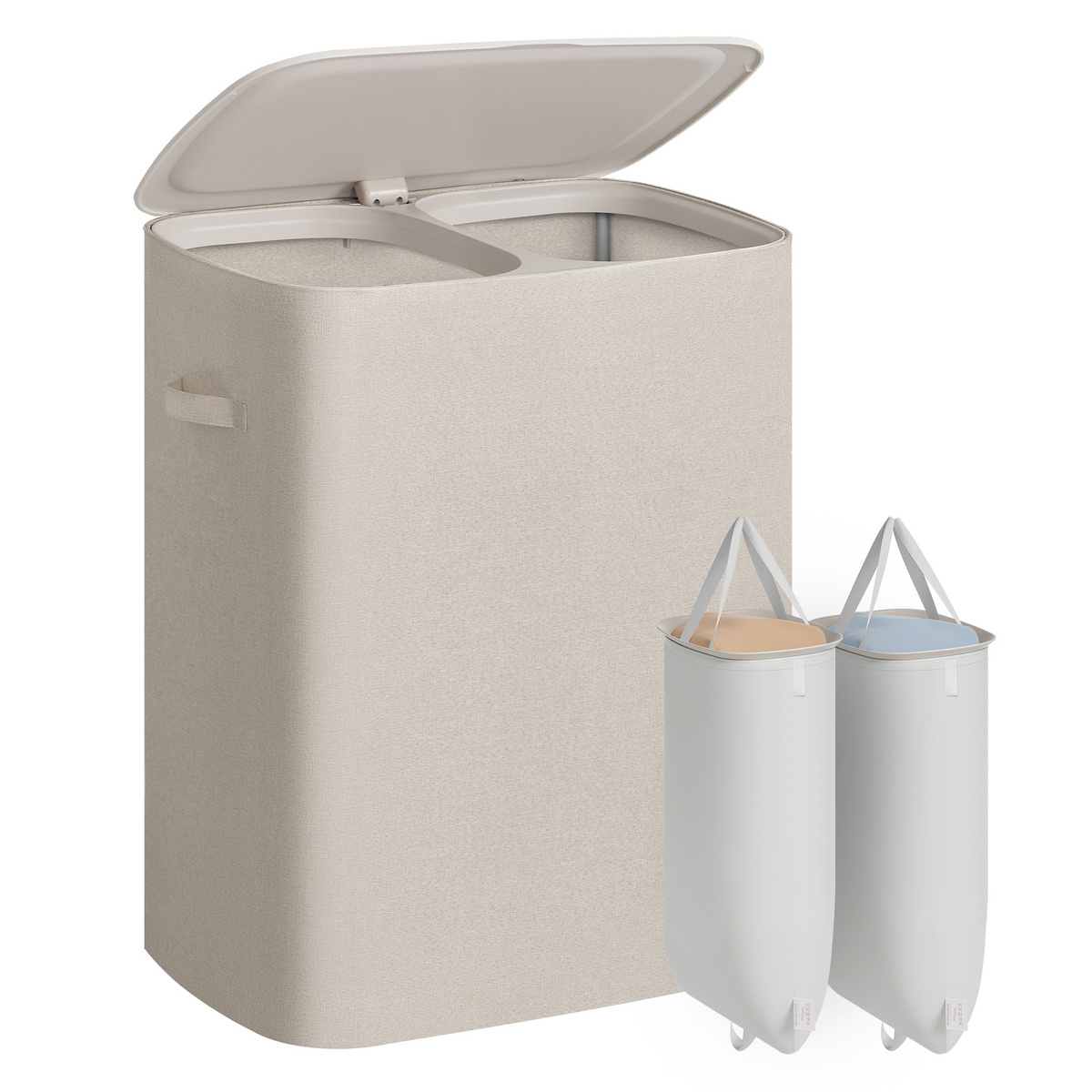 SONGMICS pyykkikori, 2 lokeroa, 160 L, 56 × 40.5 × 70 cm, kokoontaitettava, kannellinen, beige, LCB822L101