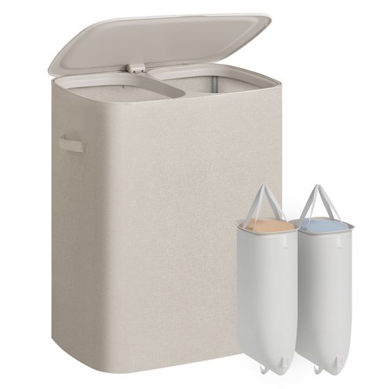 Songmics pyykkikori, 2 lokeroa, 160 L, 56 × 40.5 × 70 cm, kokoontaitettava, kannellinen, beige, LCB822L101