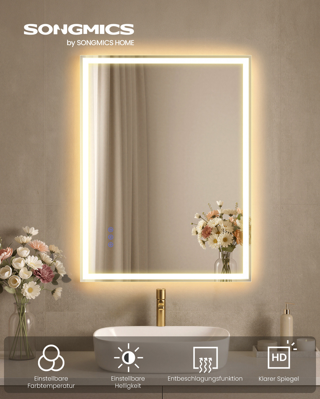 Songmics peili, 70.7 × 50.7 cm, säädettävä, LED-valaistuksella, pilvenvalkoinen, LWM212WC02