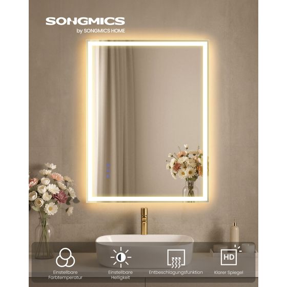 Songmics peili, 70.7 × 50.7 cm, säädettävä, LED-valaistuksella, pilvenvalkoinen, LWM212WC02