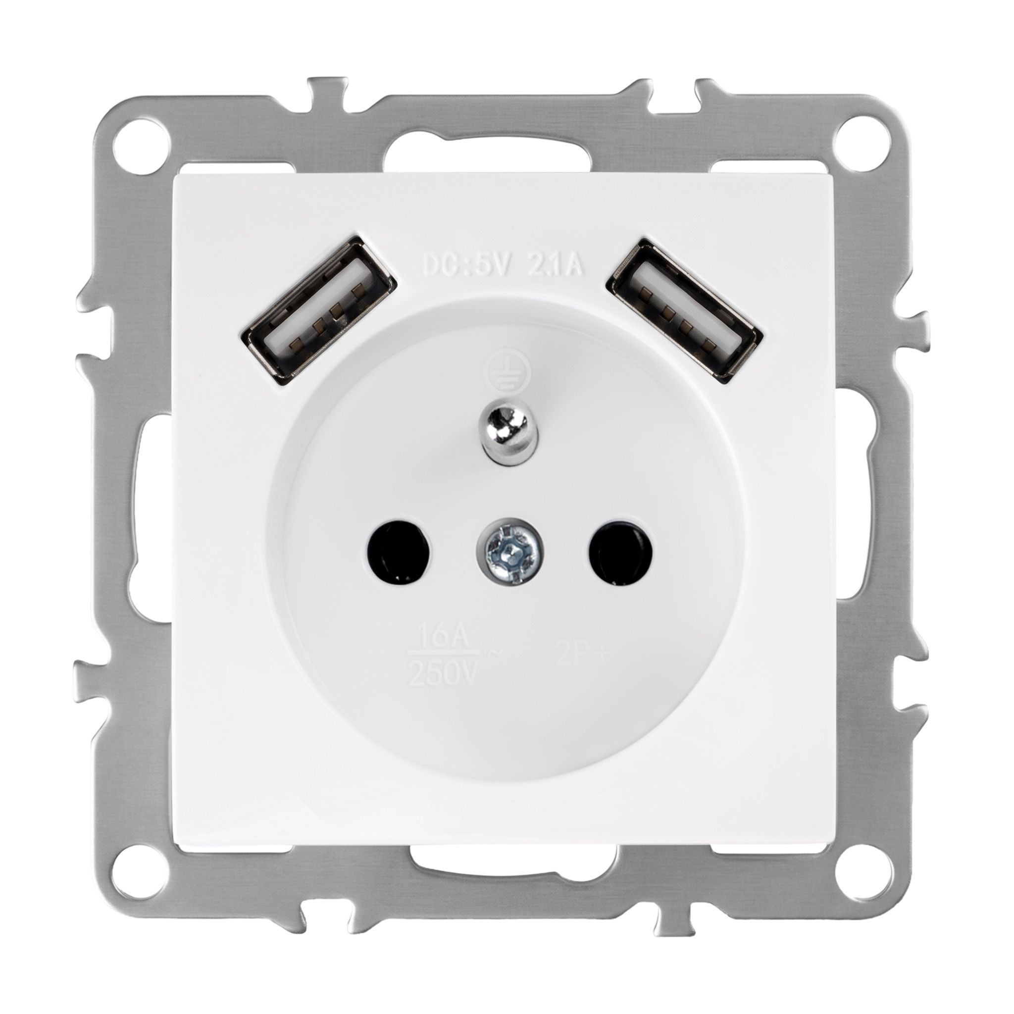 Toolight Yksiosainen maadoitettu pistorasia JNH003-G + 2x USB-A Valkoinen 4, 8x7, 4x7, 4cm