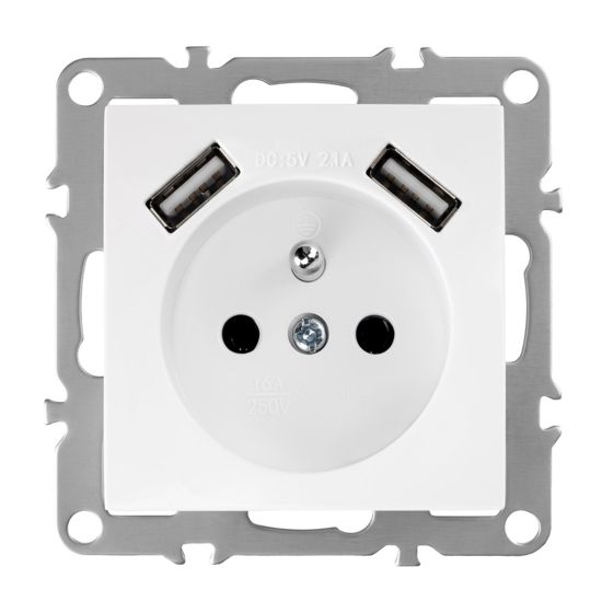 Toolight Yksiosainen maadoitettu pistorasia JNH003-G + 2x USB-A Valkoinen 4, 8x7, 4x7, 4cm