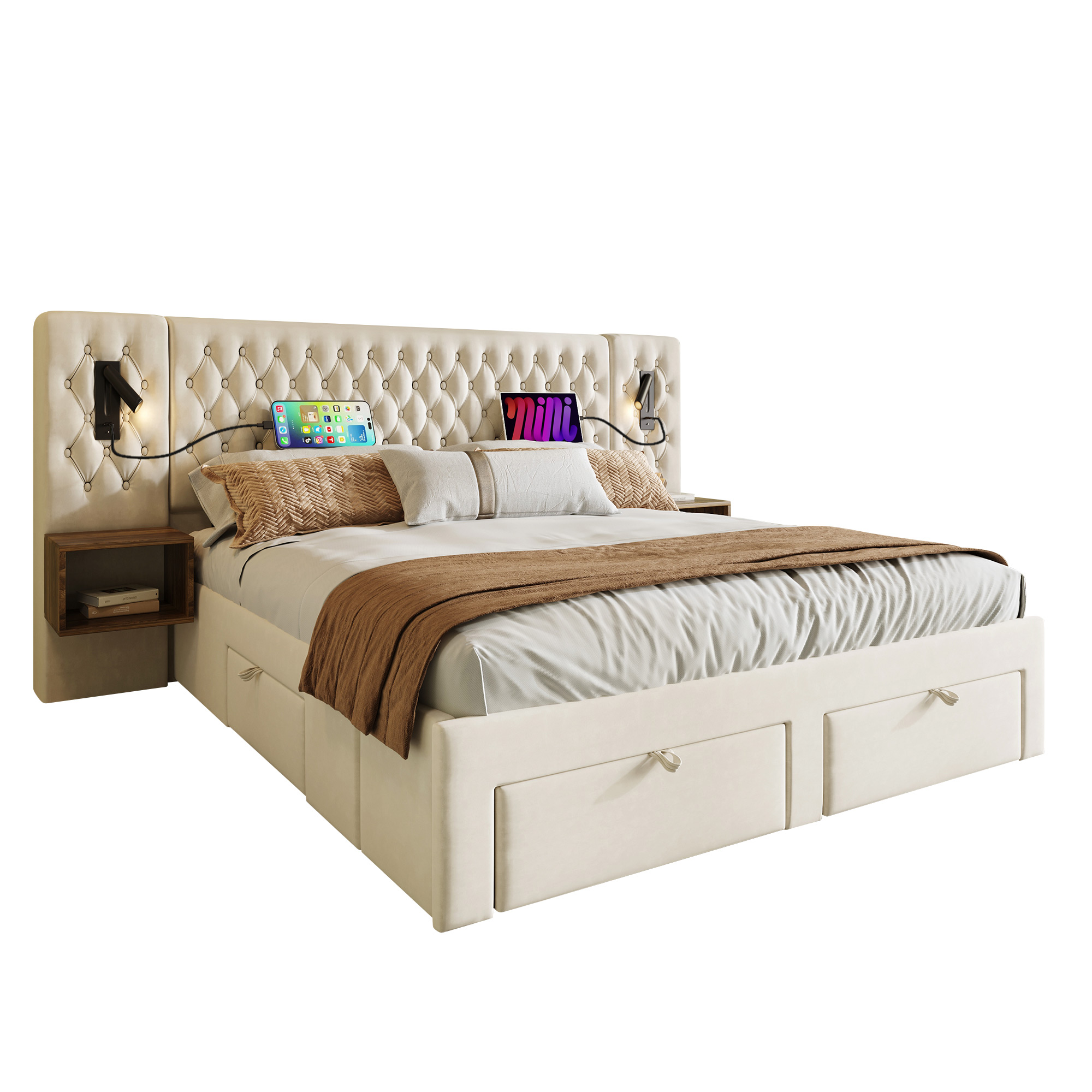 Sänky 180x200 cm säilytystila ja LED-valaistus beige sametti