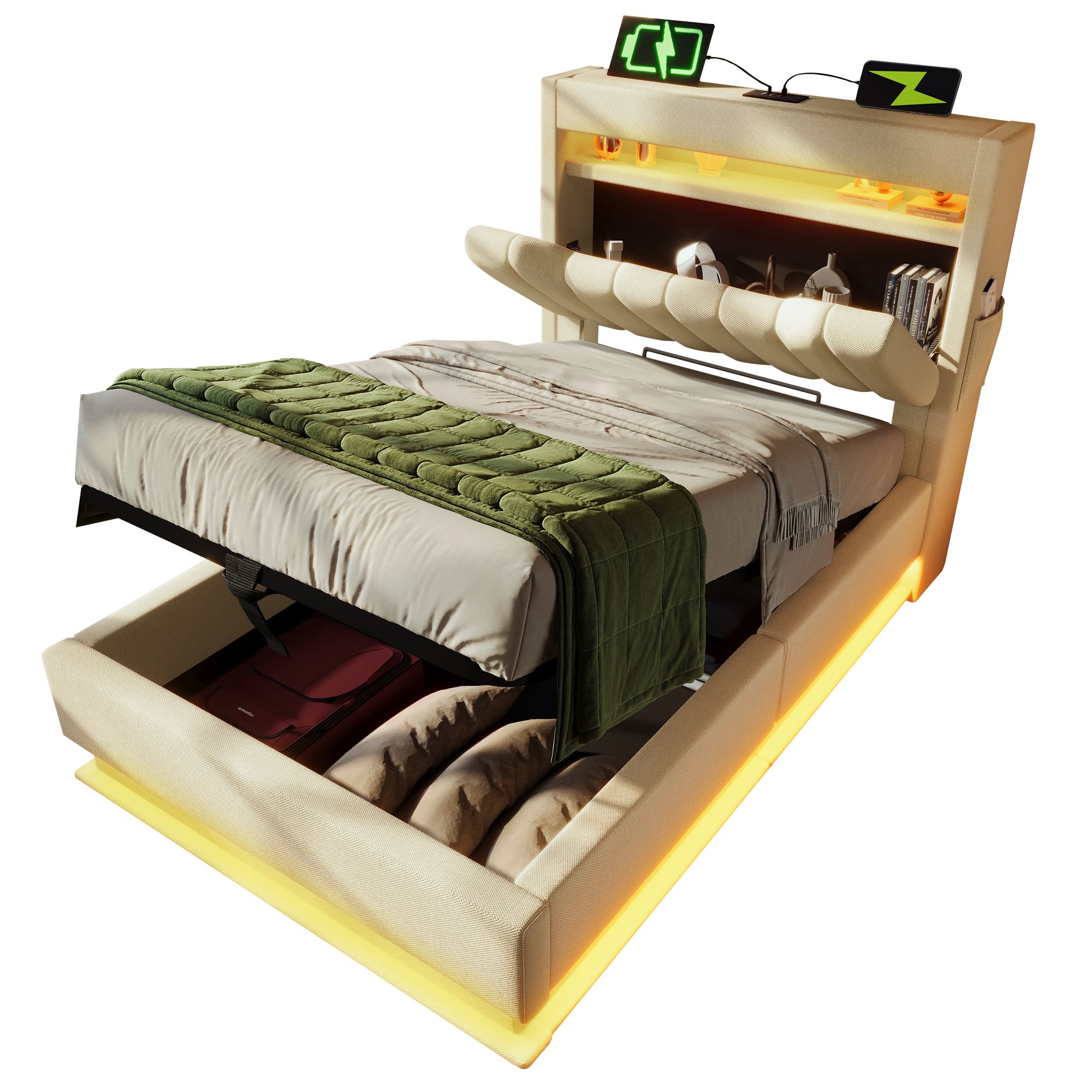 sänky 90x200 cm led-valaistus säilytystila usb ja typ-c ladattavuus beige kangas