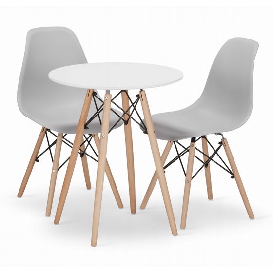 TODI 60 pyöreä pöytä, valkoinen, 2 OSAKA-tuolia, harmaa