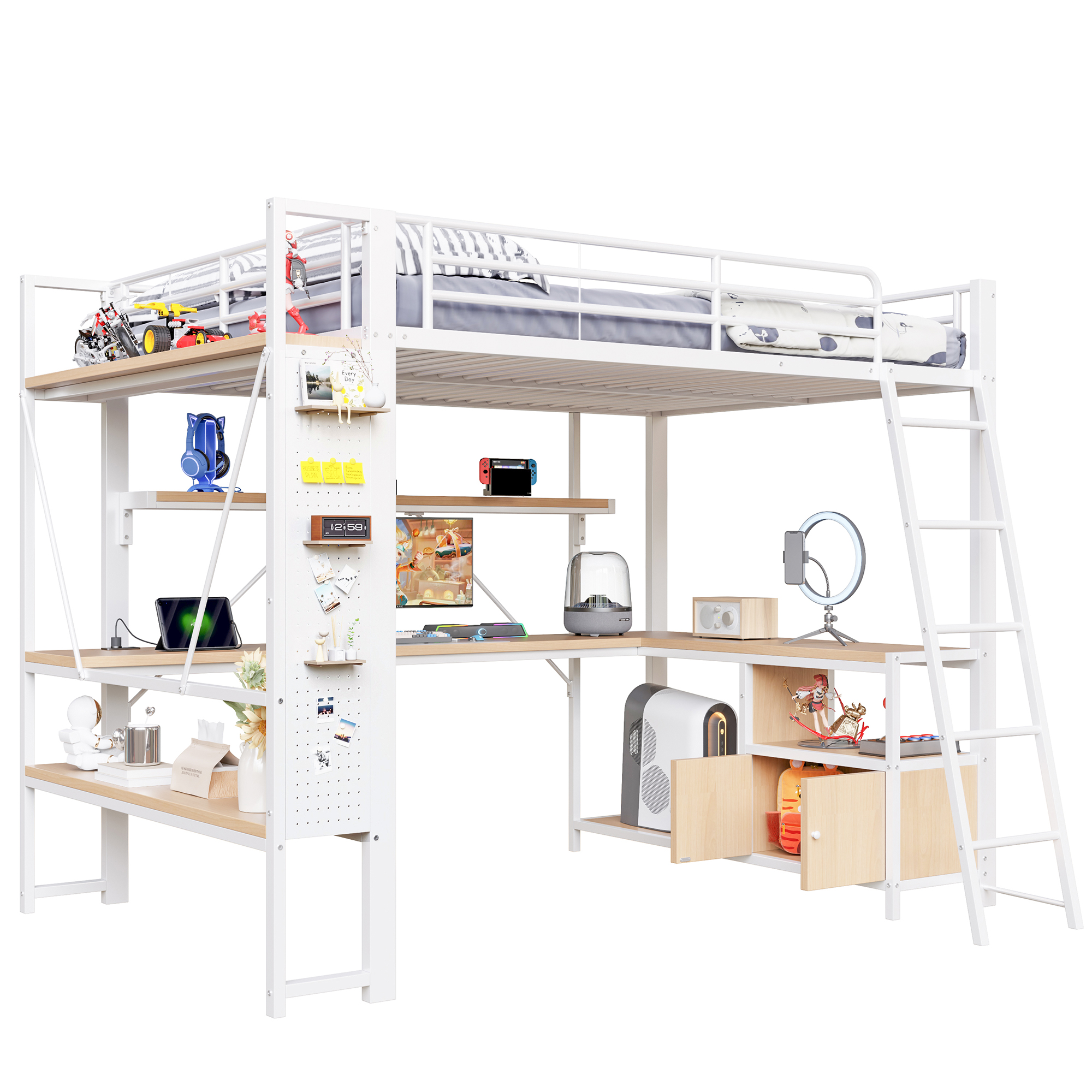 Loft-sänky, 140x200 cm, metalli, LED, työpöytä, hyllyt, pegboard, USB, valkoinen