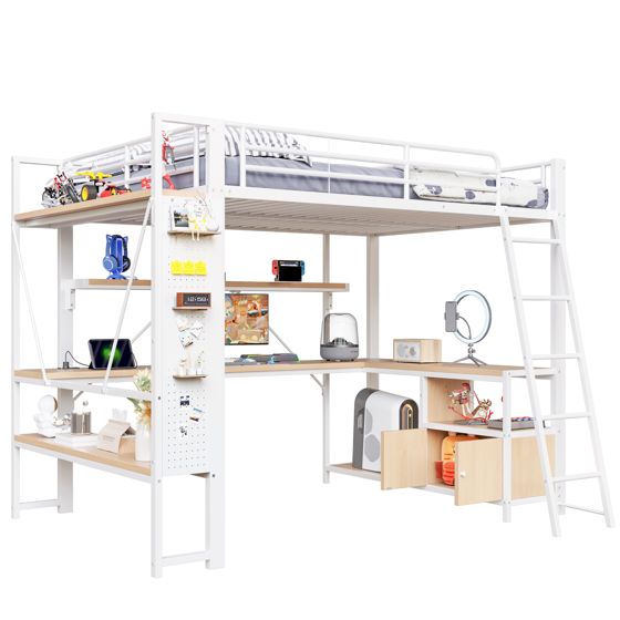 Loft-sänky, 140x200 cm, metalli, LED, työpöytä, hyllyt, pegboard, USB, valkoinen