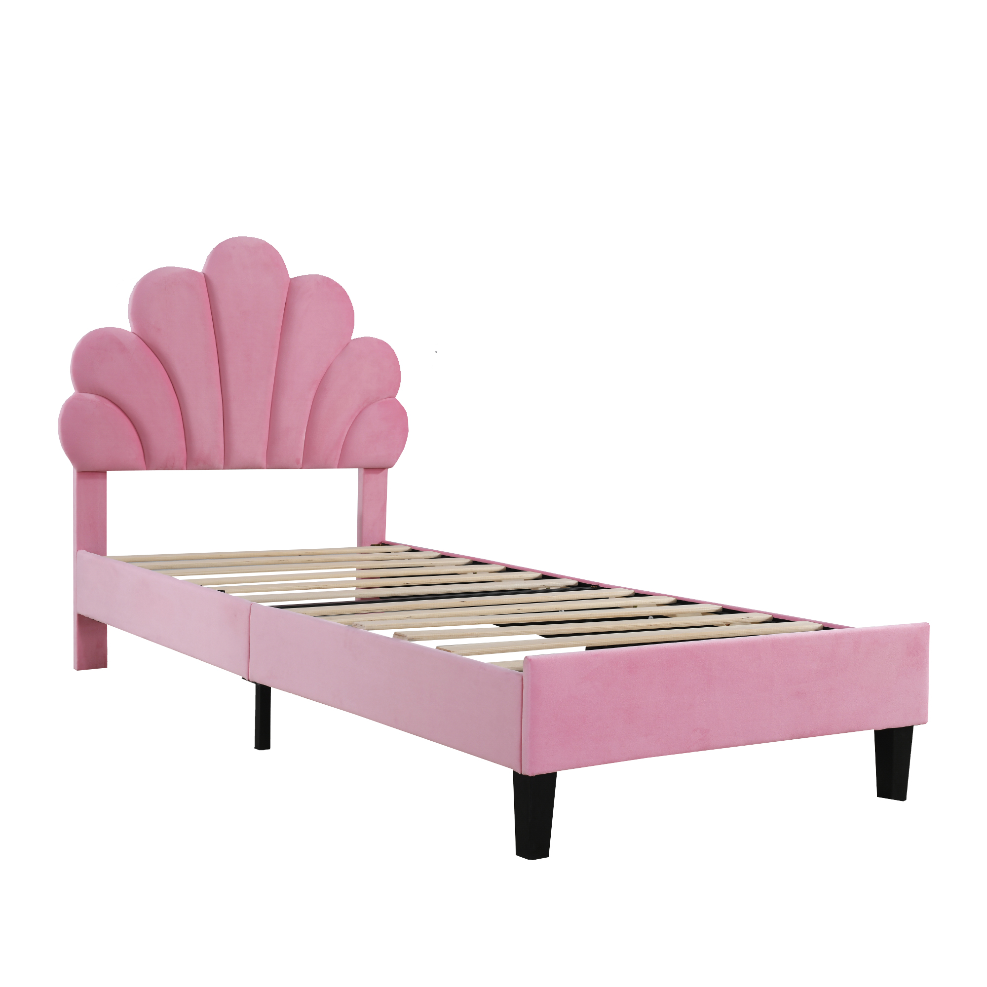 Verhoiltu lastensänky 90x200 cm, kukkakuvioinen sängynpääty ja sälepohja, samettipäällinen, pinkki