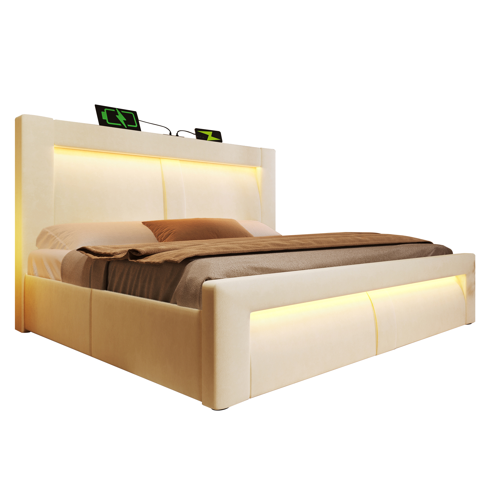 sänky 140x200 cm säilytystila LED-valaistus USB-lataus sametti beige