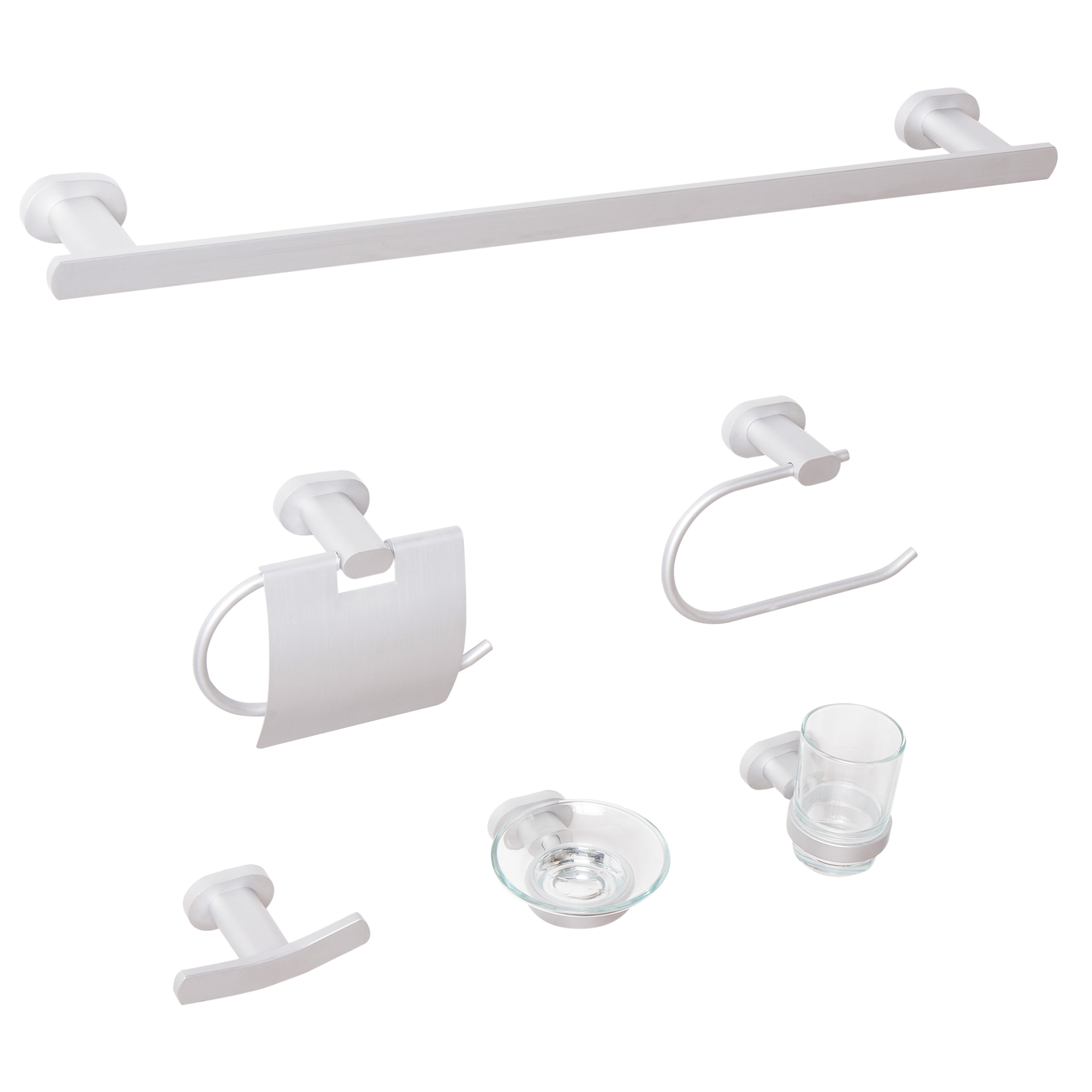 Kylpyhuoneen tarvikesetti 6 osaa TOCOPILLA pyyhetangoilla ja -koukuilla Hopea