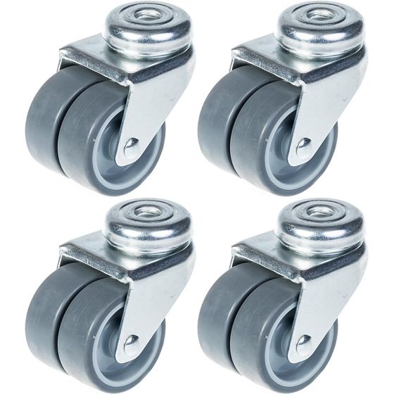 50 mm:n (2 tuuman) kaksoispyöräiset pyörät, harmaa kumi, kääntyvät, kantavuus 280 kg, 4 kpl:n sarja
